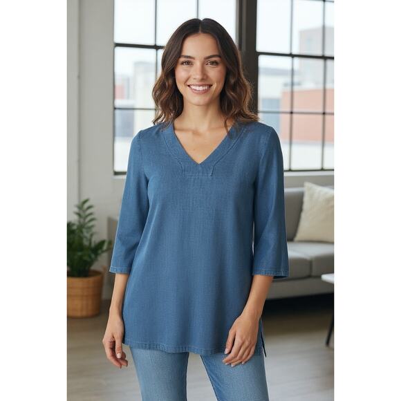 Zara 70s Chambray Bell Sleeve Tunic Dress Medium U-Neck Shirt Dress - Picture 13 of 13